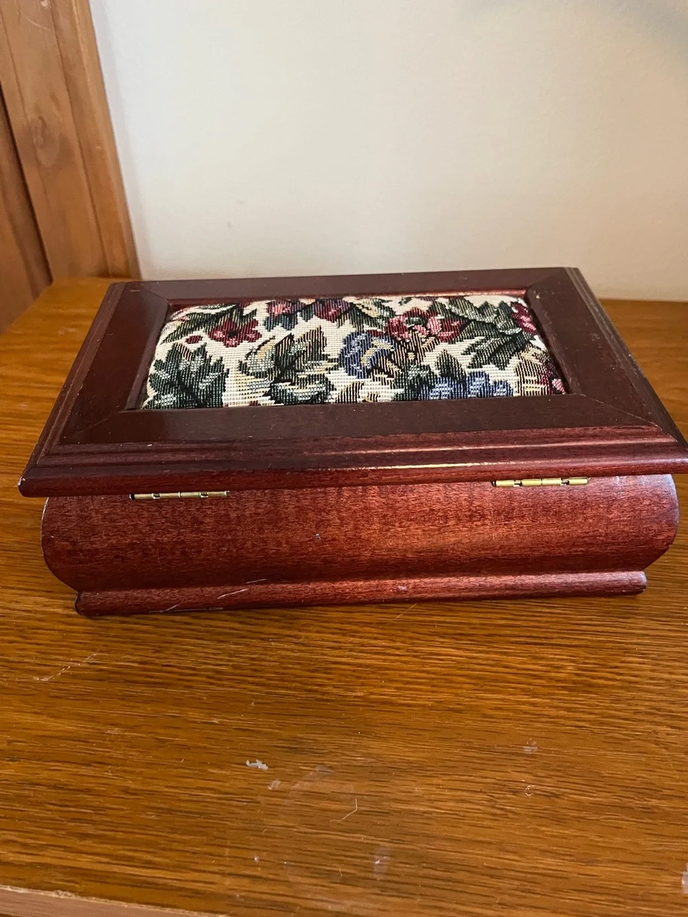 Wood Jewelry Box with Floral Needlepoint Inlay - Burgundy